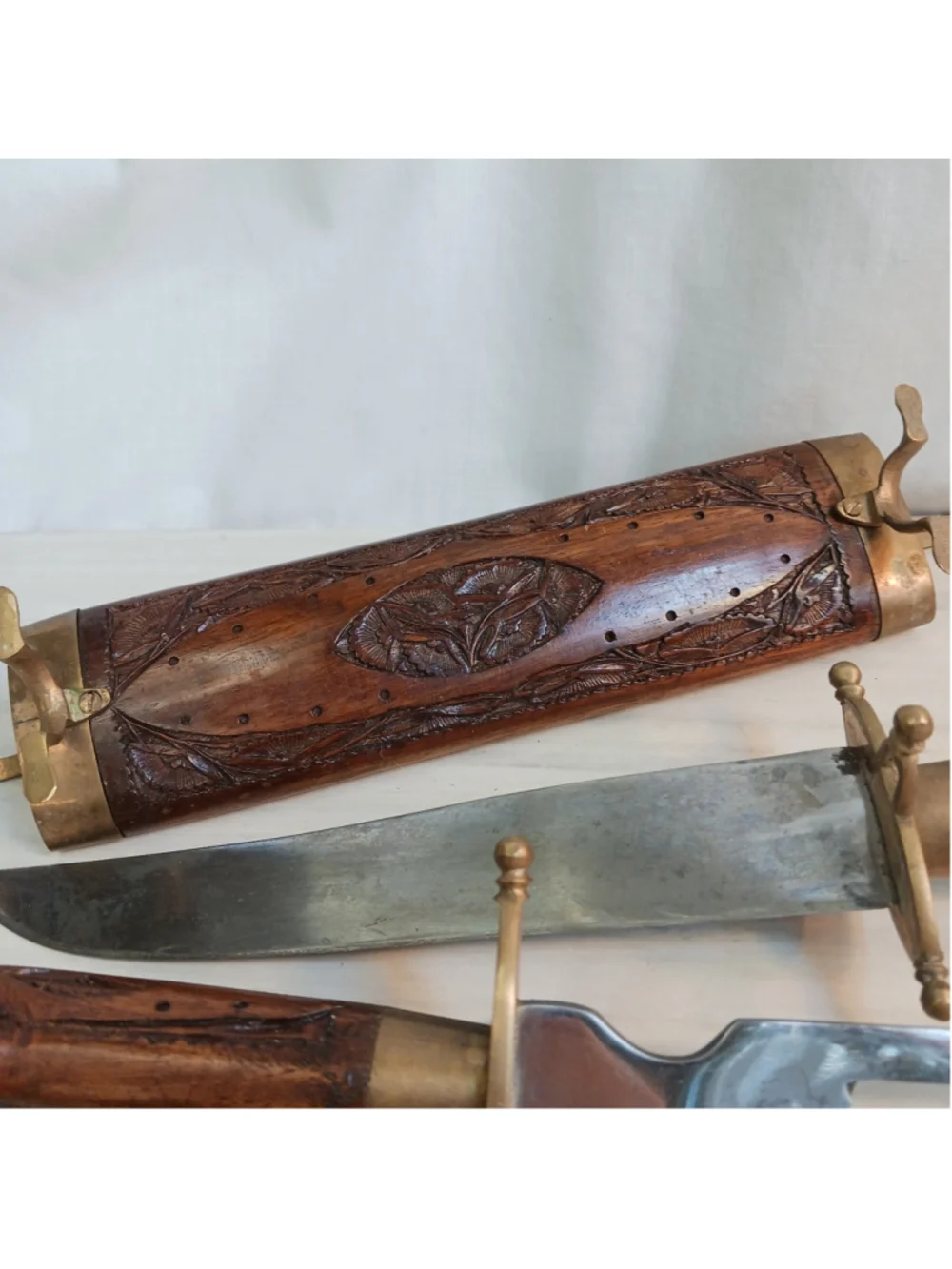 VTG India Carved Wooden Knife Cutlery Set Knife And Fork Brass Wood Sheath Boho